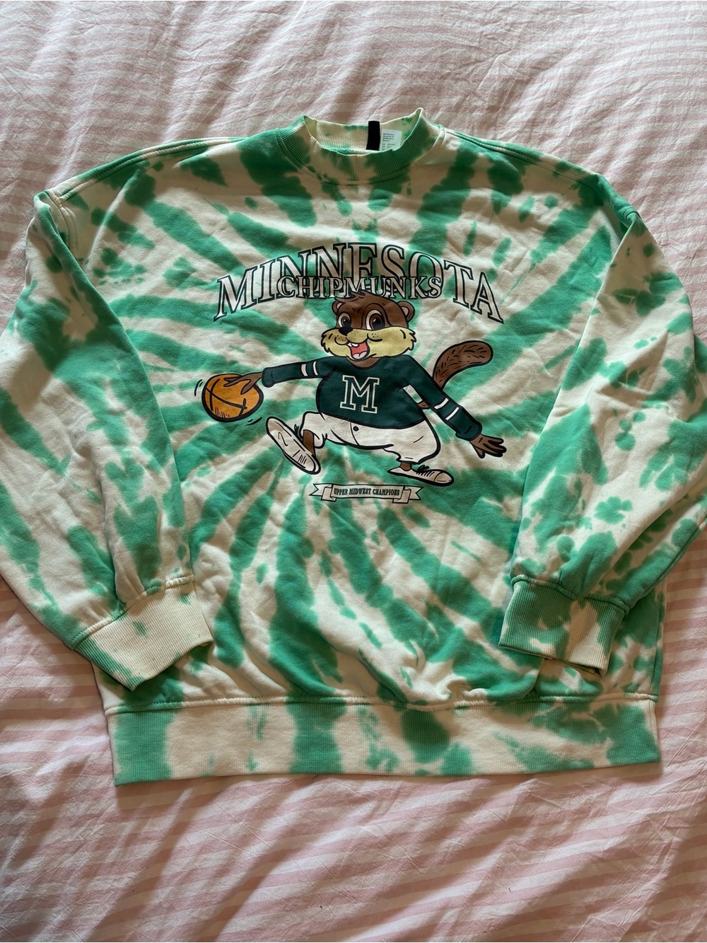 H&M Green and White Tie-Dye Crewneck Sweatshirt with Mascot Graphic